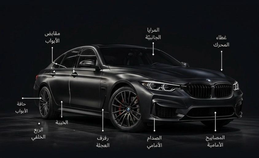 مناطق حماية PPF على السيارة (مخطط توضيحي)